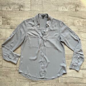 Express Gray Portofino Long Sleeve Button Down Office Silver Shirt Blouse S